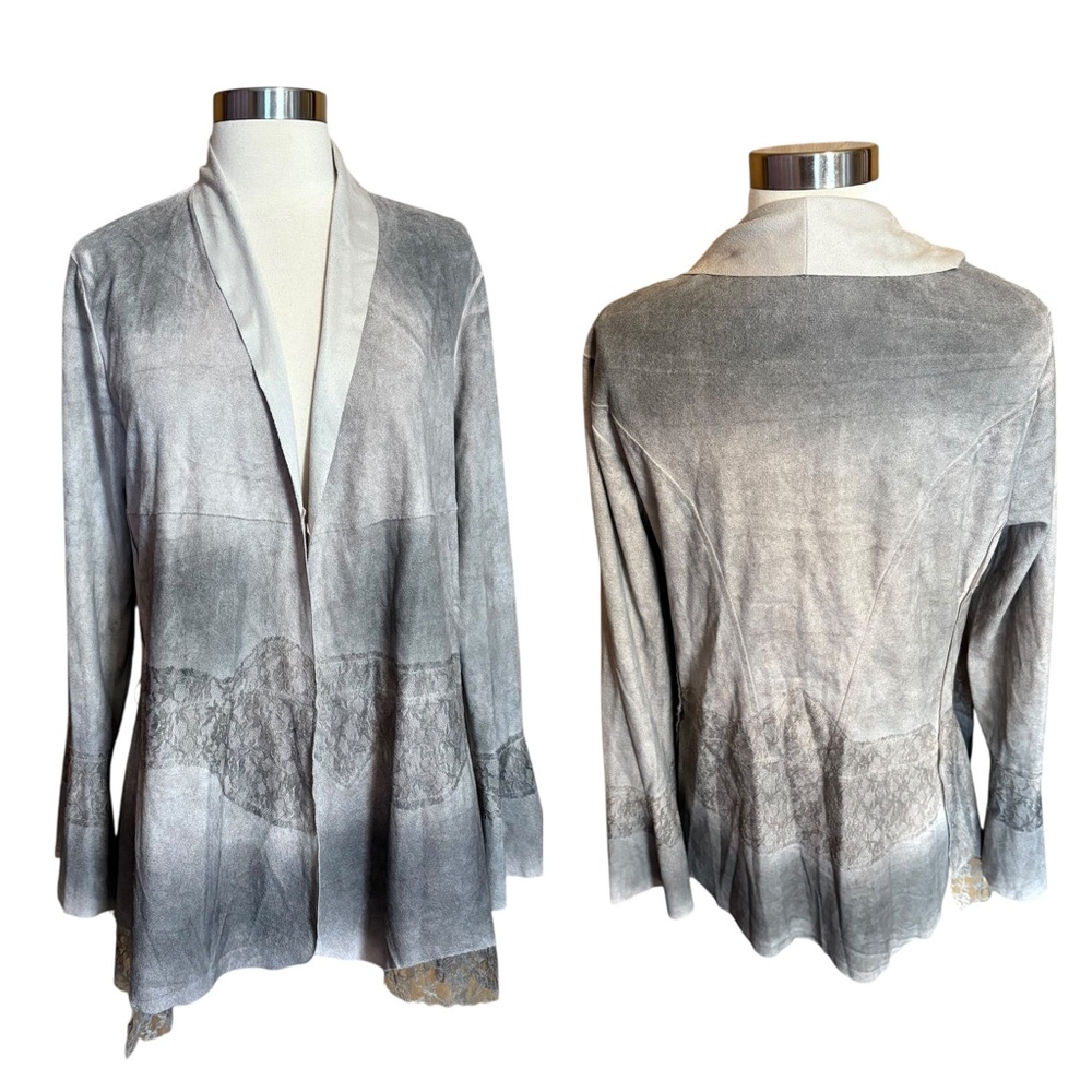 Vocal Boho Lace Vegan Faux Suede Waterfall Open Front Cream Tan Cardigan Jacket
